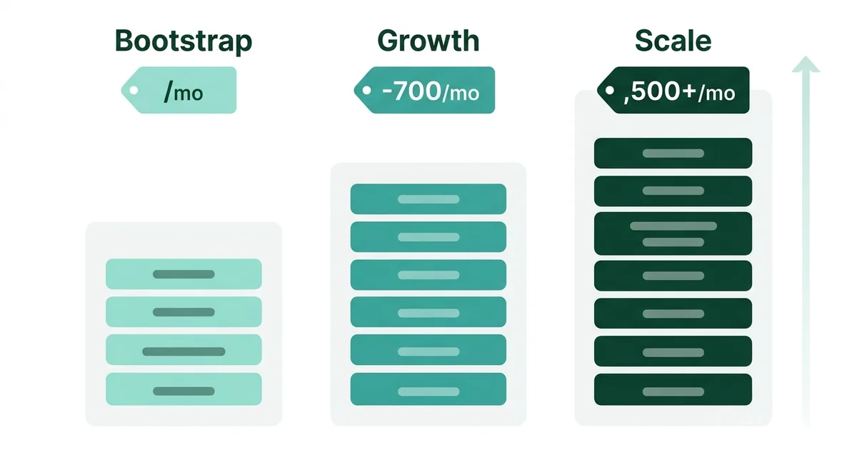 Three marketing stack budget tiers: Bootstrap, Growth, and Scale