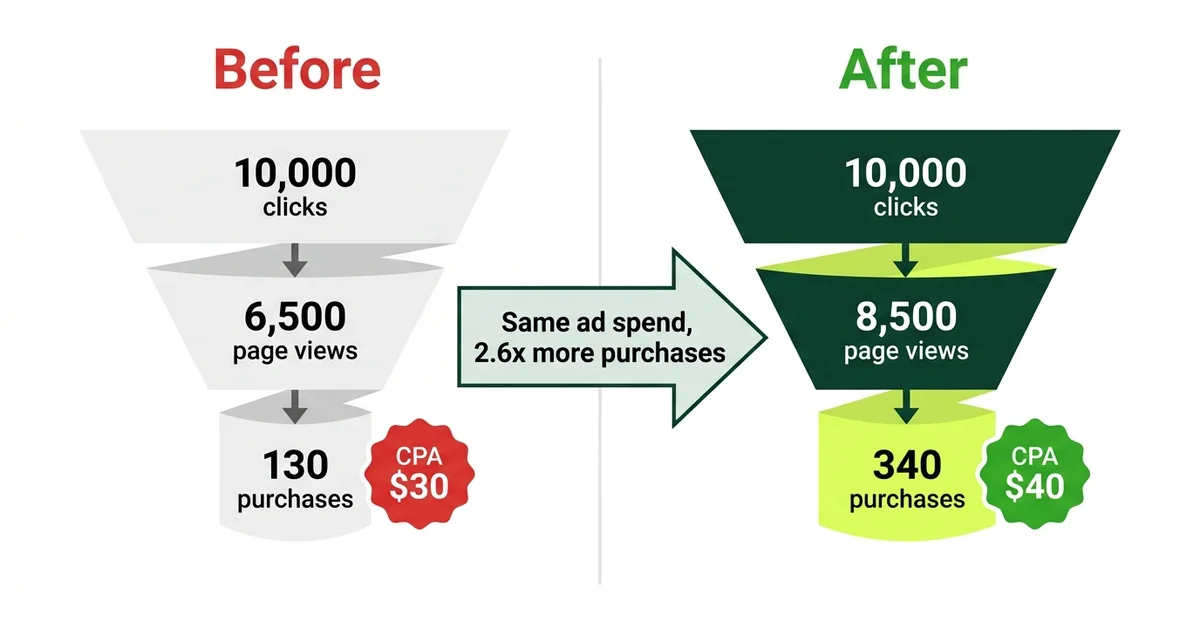 Before and after CPA comparison showing 2.6x more purchases with same ad spend
