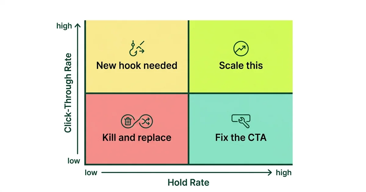 Creative Testing 2x2 Matrix — Scale, Fix CTA, New Hook, Kill and Replace
