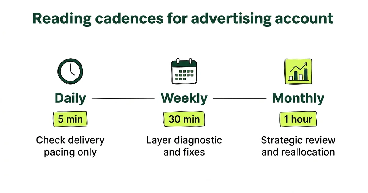Daily, weekly, and monthly reading cadences for your ad account